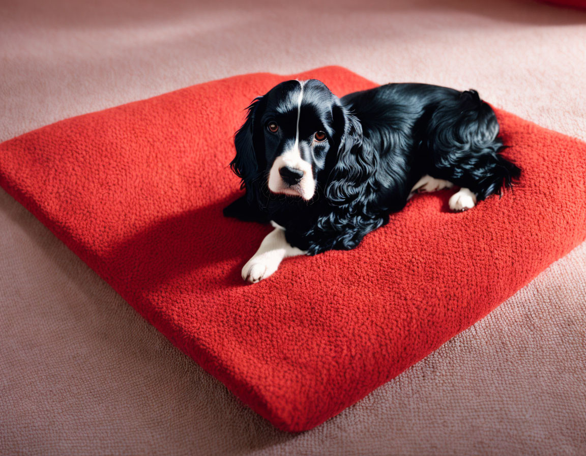 Black and White Spaniel Resting on Vibrant Red Cushion