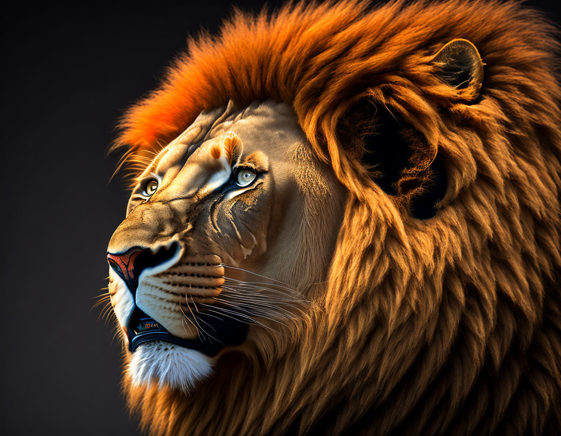 Detailed hyper-realistic lion face with intense gaze and rich mane on dark background