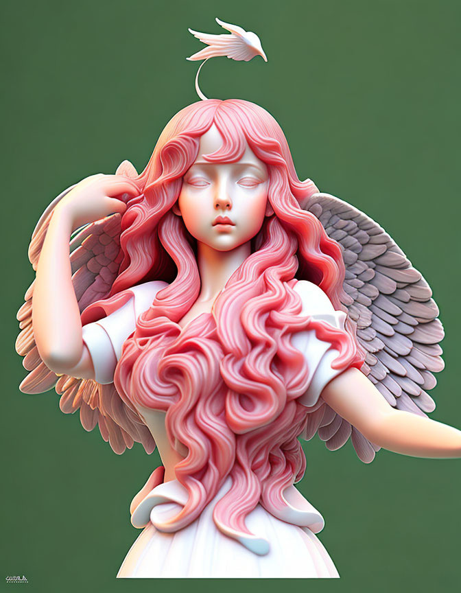 Pink-haired angelic figure with wings and bird in 3D rendering