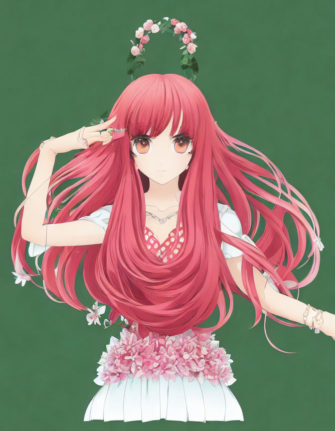 Illustrated girl with long pink hair and flower dress saluting against green background