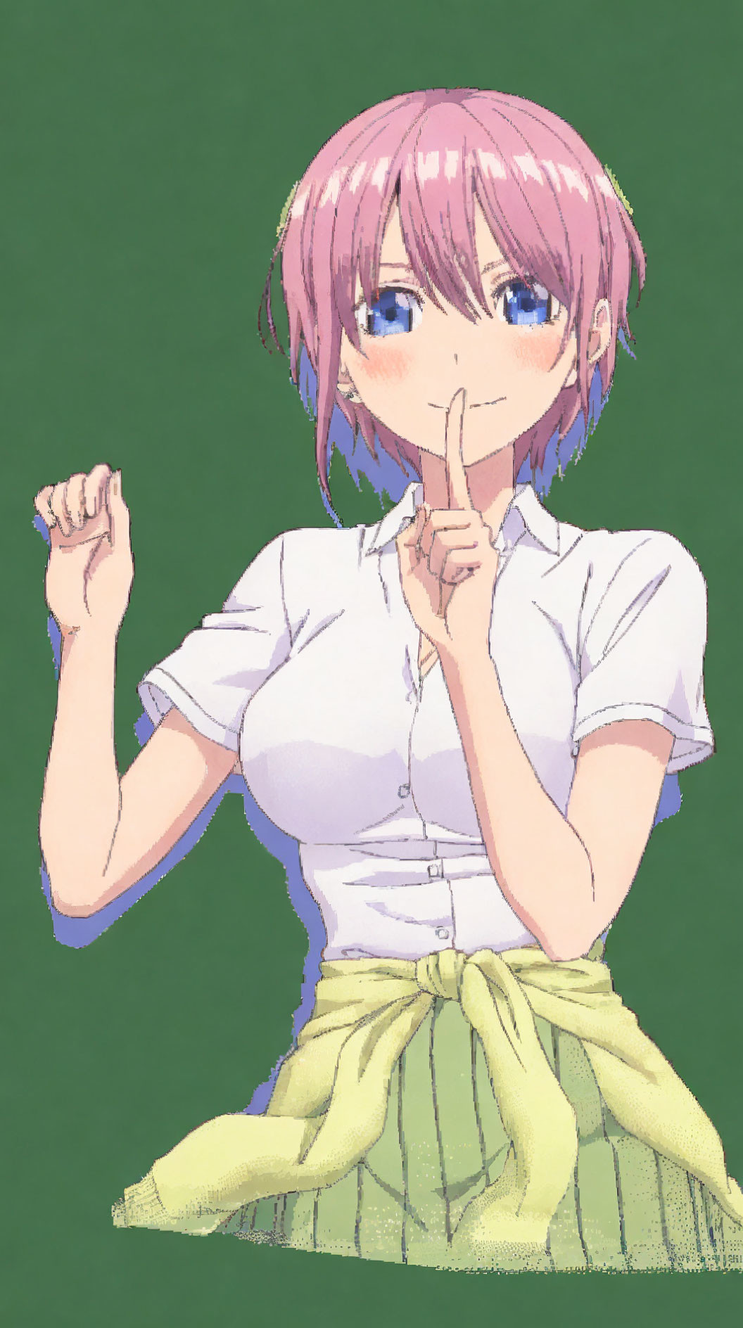 Pink-haired animated character in white shirt and yellow tie on green background