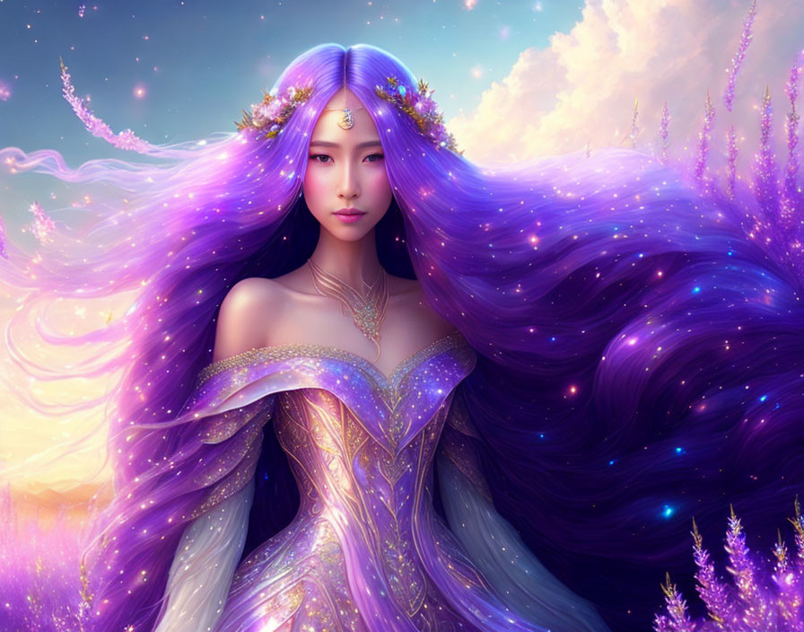 Fantasy illustration of woman with purple hair and floral crown in sparkling dress.