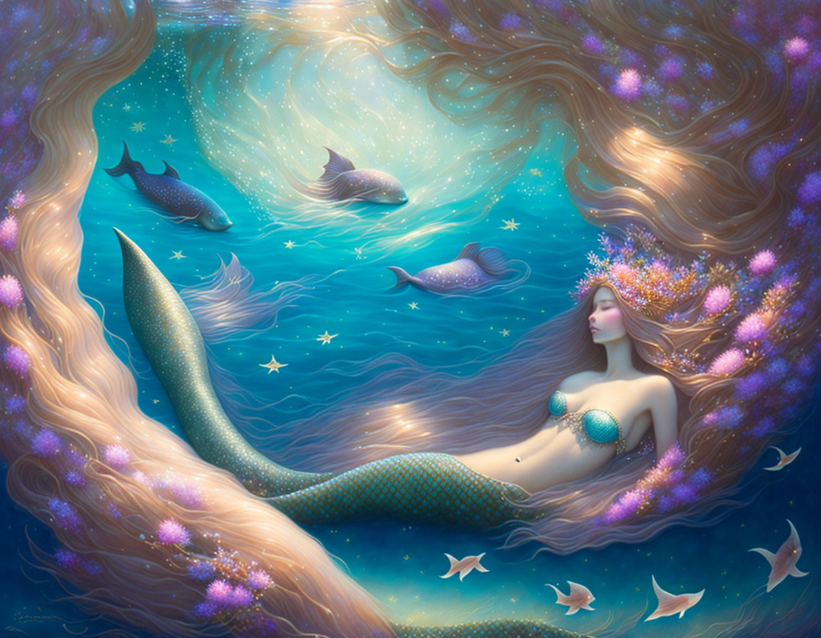 Mermaid with Flowers and Fish in Luminous Glow