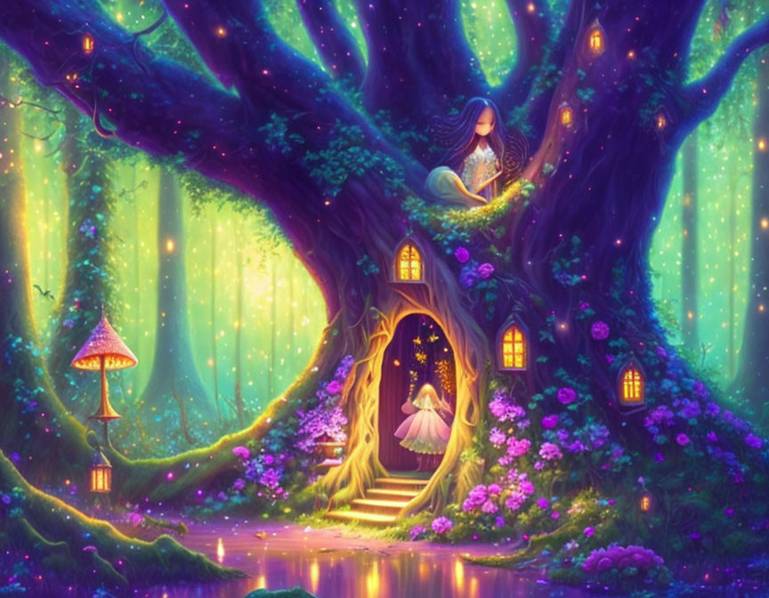 Enchanted forest scene with girl in glowing treehouse