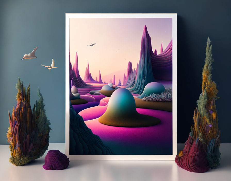 Surreal violet landscape illustration on gallery stand