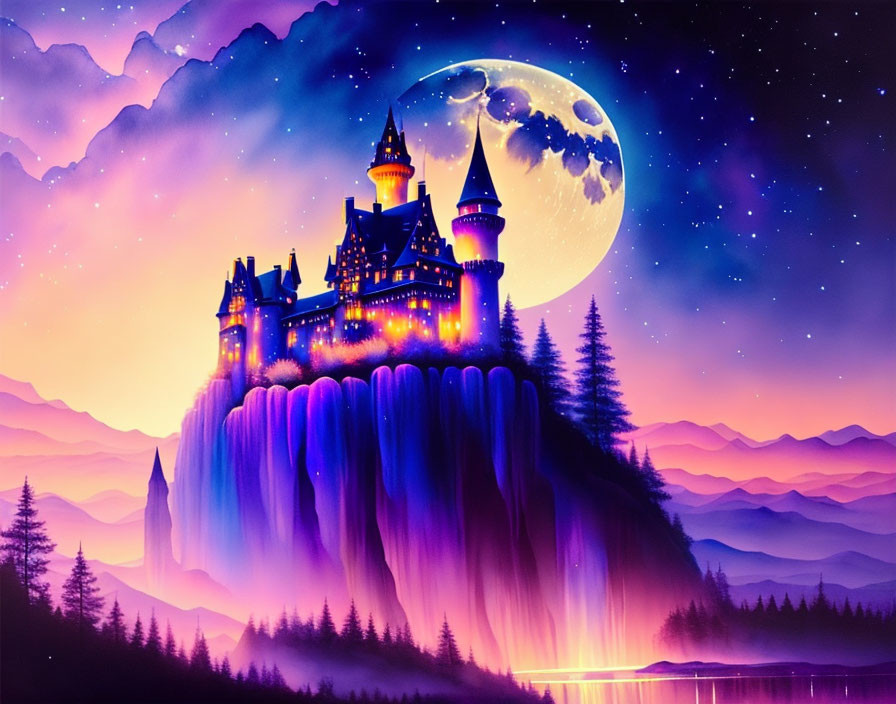 Fantastical castle on cascading waterfalls under starry sky