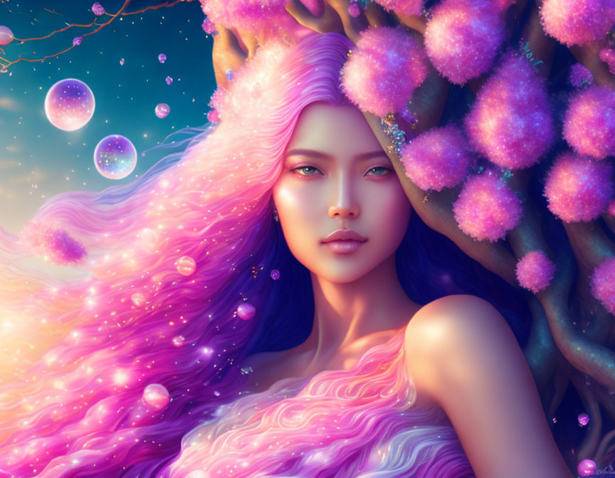 Surreal portrait of woman with pink hair and blooming tree in twilight sky