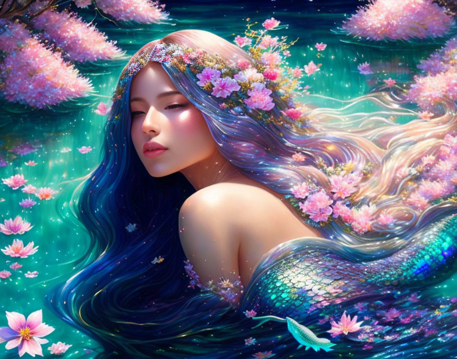 Colorful mermaid with flowing hair in serene underwater scene