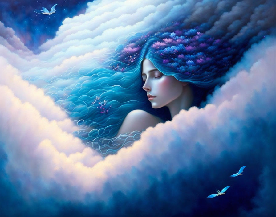 Surreal illustration: Woman with vibrant blue hair in dreamy setting