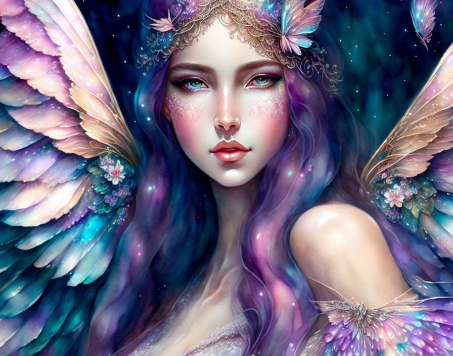 Fantasy illustration of female figure with butterfly wings and floral adornments