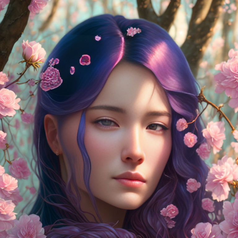 Woman's portrait with purple hair and pink flowers in blooming branches
