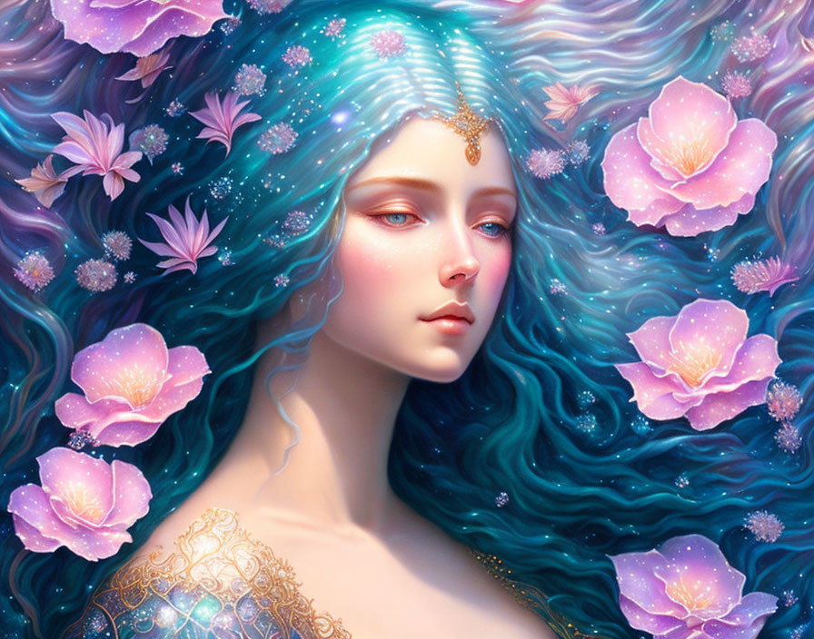 Blue-haired woman in serene pose among pink flowers - a fantastical scene