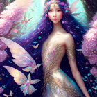 Mystical woman with purple hair in golden gown, surrounded by pink wings, swans, and