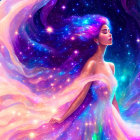 Digital Art: Woman with Galaxy-Themed Hair and Dress in Vibrant Purples, Blues,
