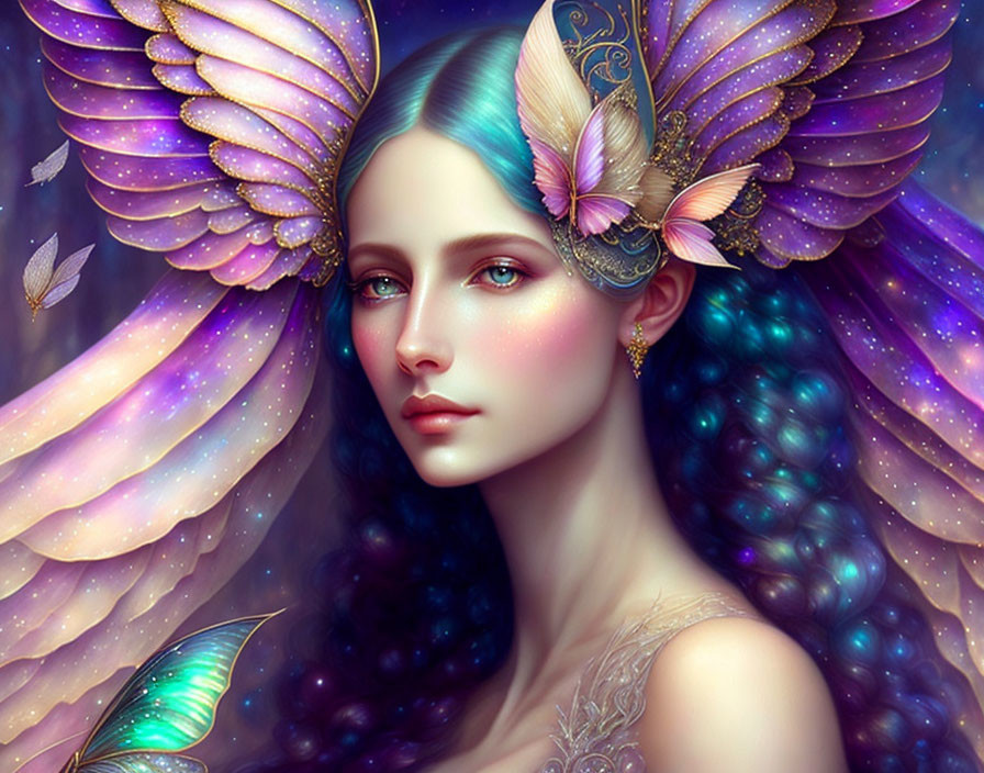 Fantastical woman with butterfly wings in hair against starry backdrop