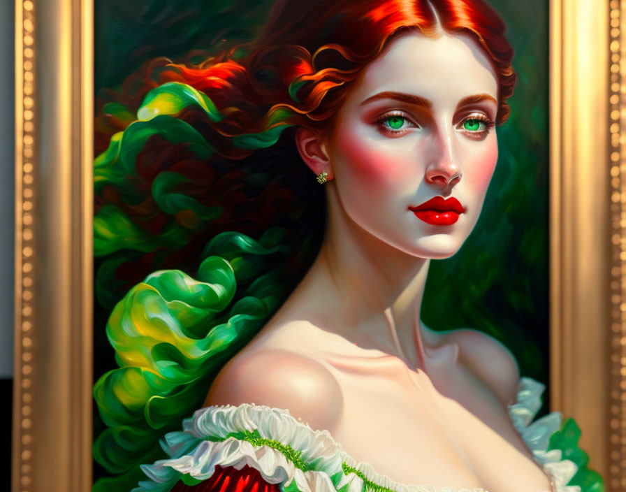 Red-haired woman with emerald eyes in white dress, framed in ornate gold.