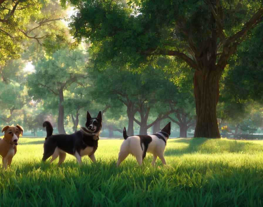 Three dogs in sunny park with green grass and trees under sunlight.