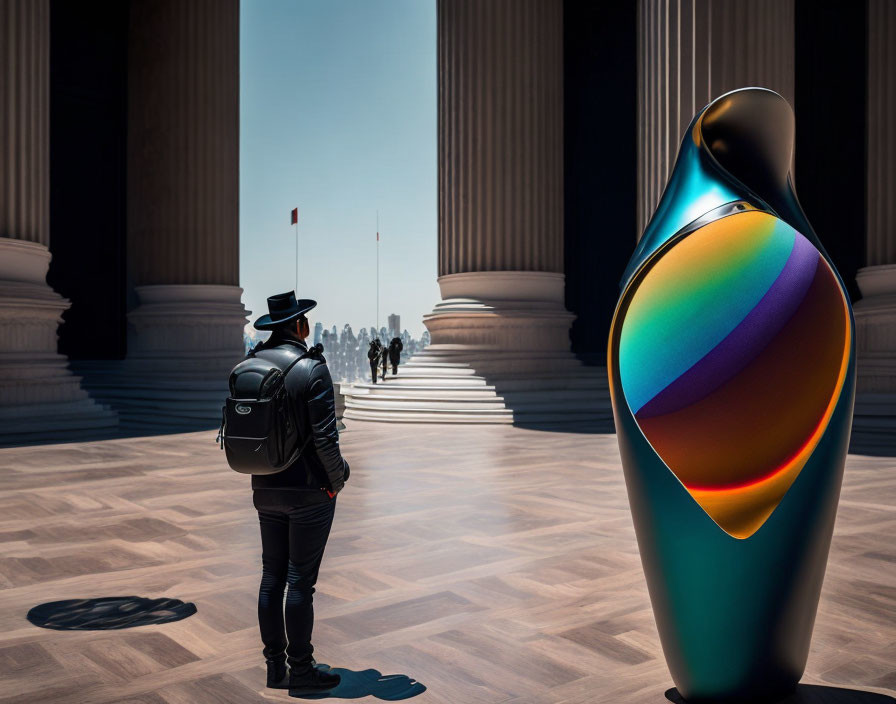 Backpack-wearing person in front of colorful abstract sculpture and classical columns