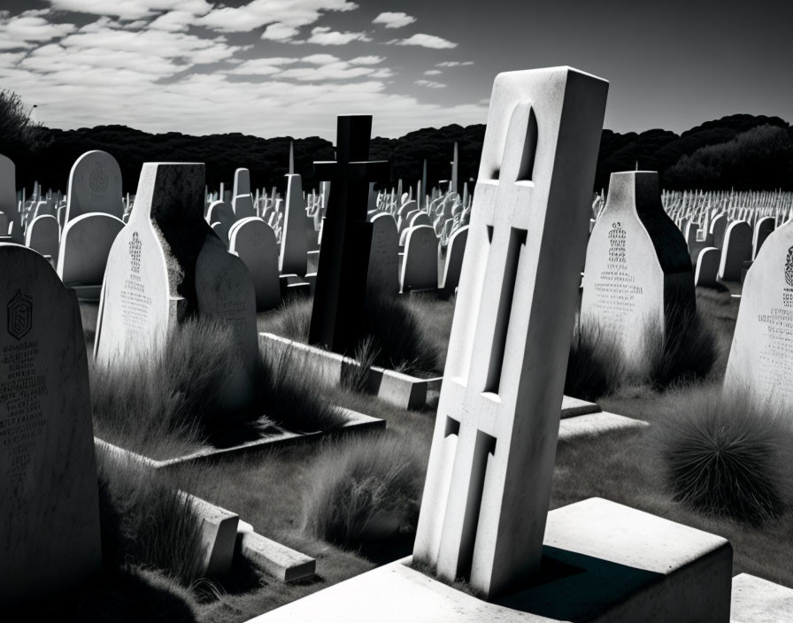 Monochrome cemetery scene with cross-marked gravestones under cloudy sky