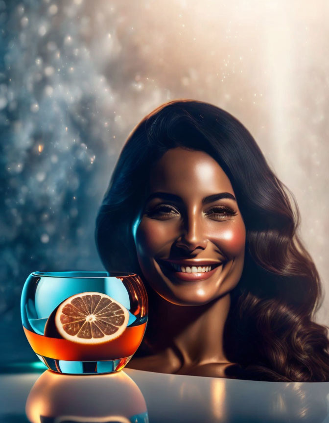 Smiling woman with wavy hair next to colorful cocktail on blue background