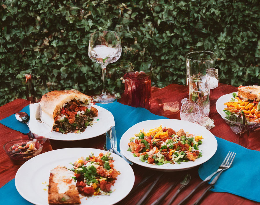 Alfresco dining scene with salad, bread, wine, and drink on blue tablecloth