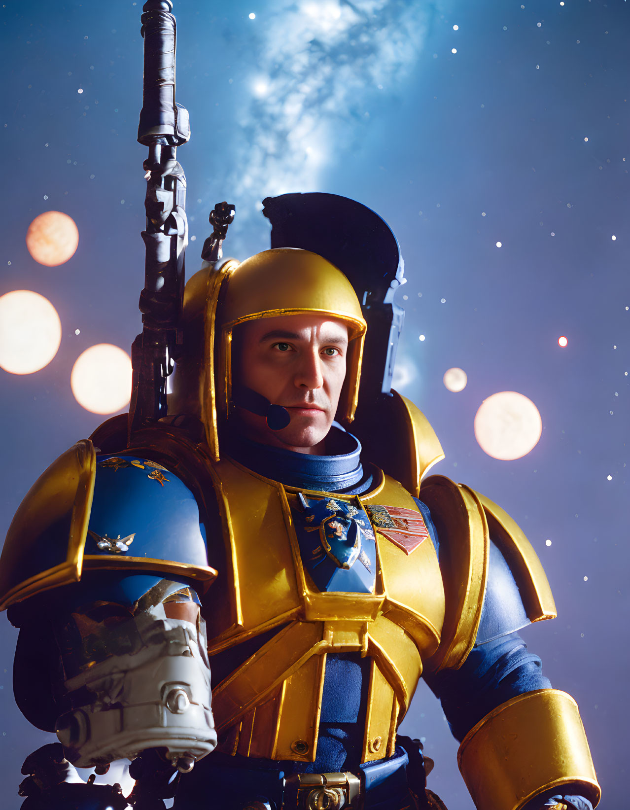 Detailed Blue and Gold Space Marine Armor Against Starry Background
