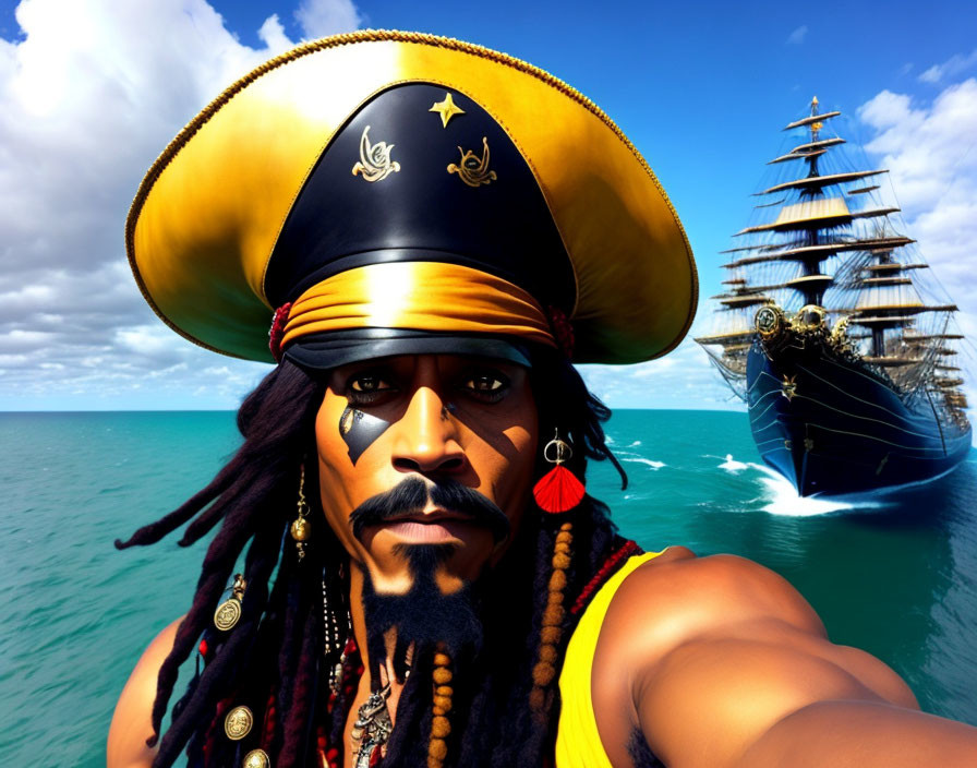 Digital Artwork: Pirate with Large Hat and Pirate Ship on Calm Sea
