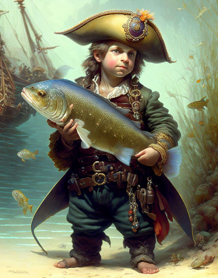 Child in pirate costume holding fish in shallow water with fish swimming around in foggy setting