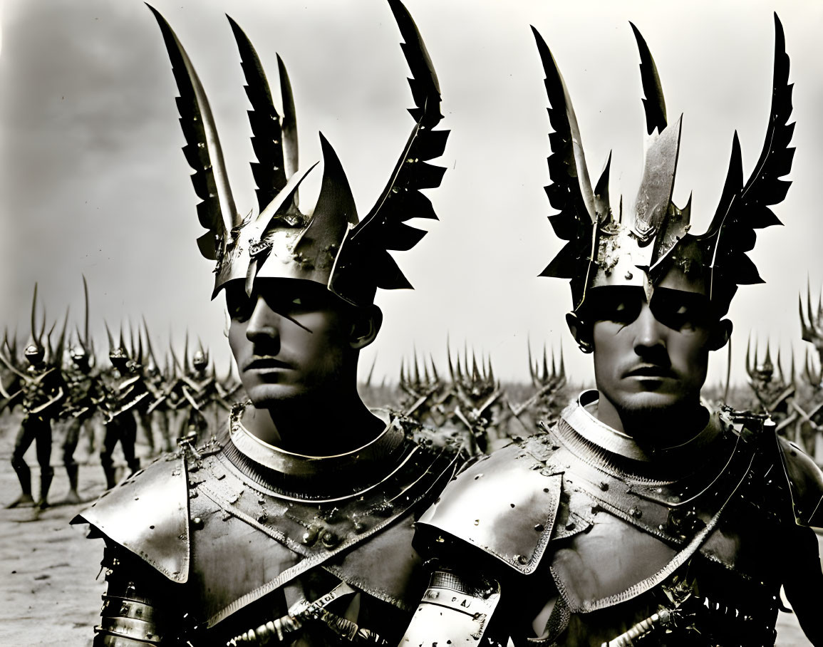 Two individuals in spiked helmets in ornate armor with an army in matching attire.