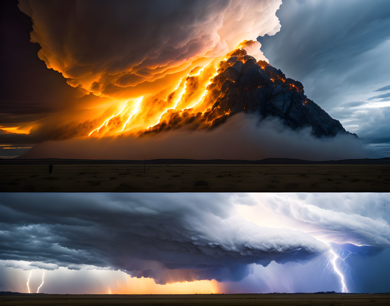 Composite Mountain Image with Dramatic Skies: Fiery Clouds, Dense Fog, Thunderstorm