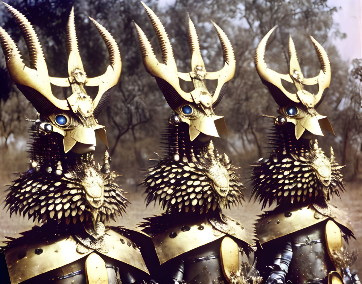 Four figures in ornate helmets and spiky armor against nature backdrop