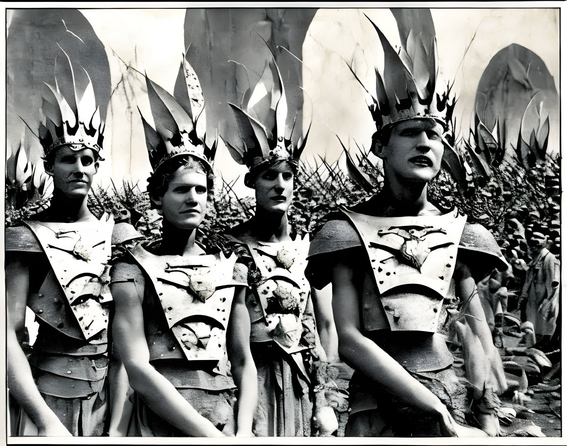 Four individuals in ornate costumes with crown-like headpieces posing in front of foliage wall