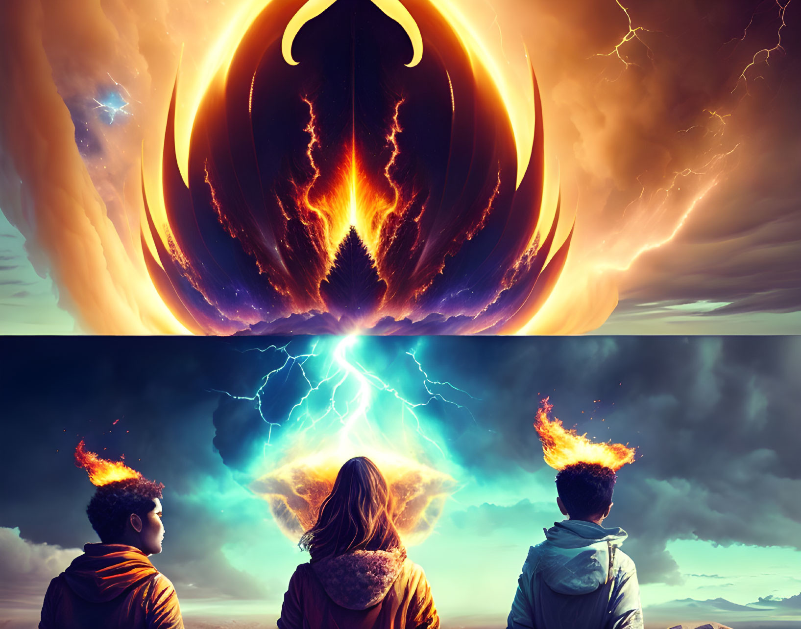 Three people observing surreal sky with fiery phoenix and lightning.