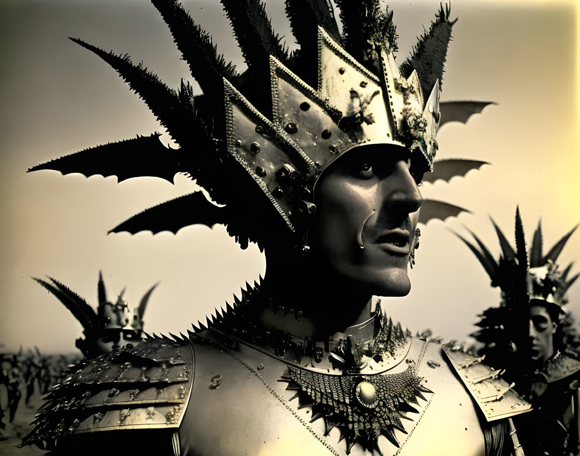 Person in Spiky Metallic Headgear and Armor with Avant-Garde Warrior Aesthetic