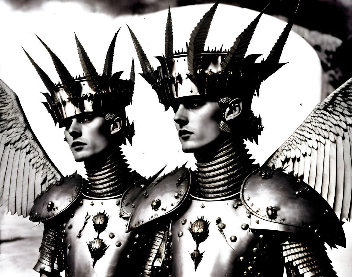 Two figures in elaborate spiked headgear and wing-like armor in a high-contrast scene.