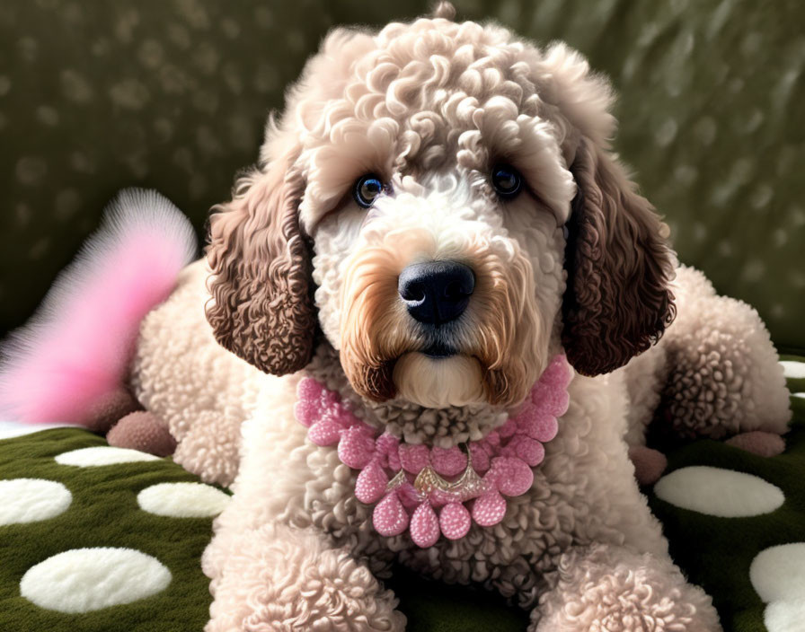 Fluffy Brown and White Poodle with Blue Eyes on Polka Dot Cushion