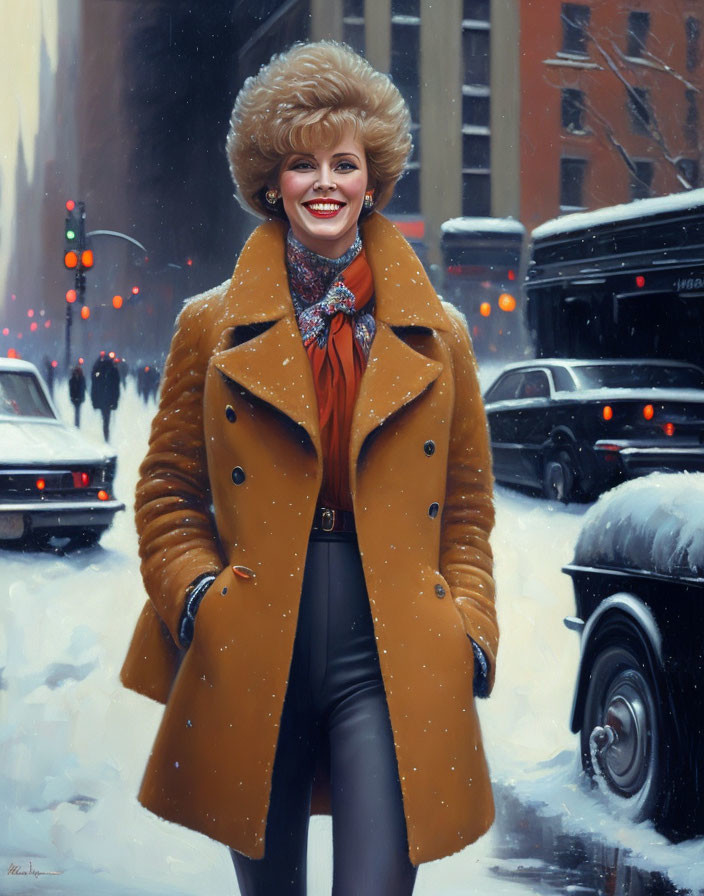 Stylish woman in tan coat on snowy city street