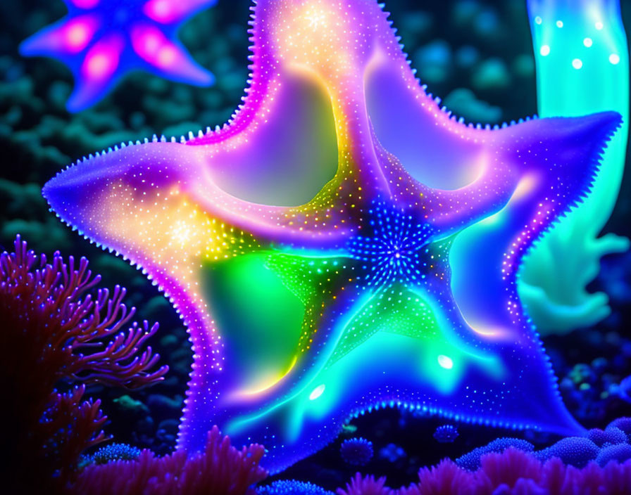 Colorful Bioluminescent Starfish in Vibrant Underwater Scene