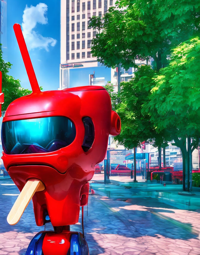 Red popsicle-shaped robot in colorful cityscape.