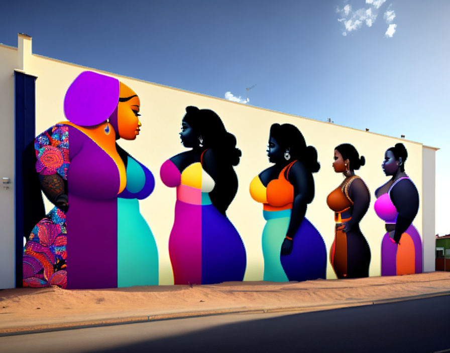 Colorful mural featuring five stylized women on urban building wall