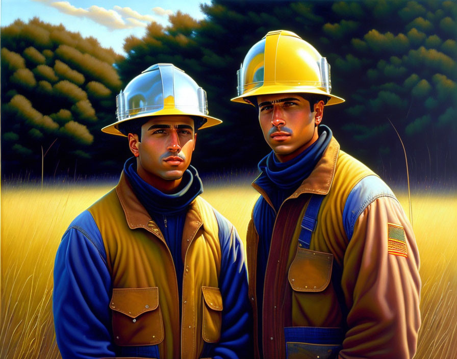 Male firefighters in yellow helmets and jackets in field at golden hour
