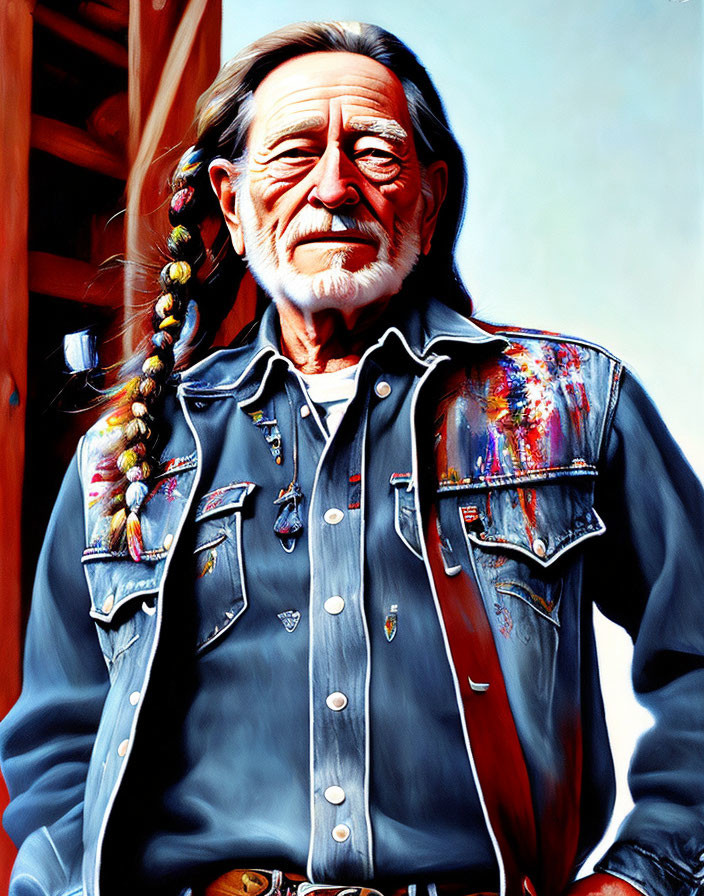 Elder man with braided hair in denim shirt with colorful patches
