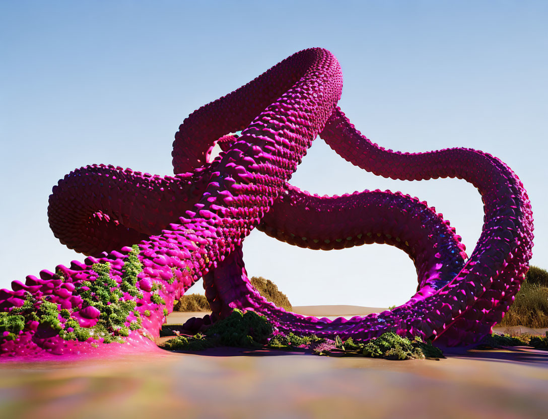 Surreal purple tentacle sculpture in desert landscape