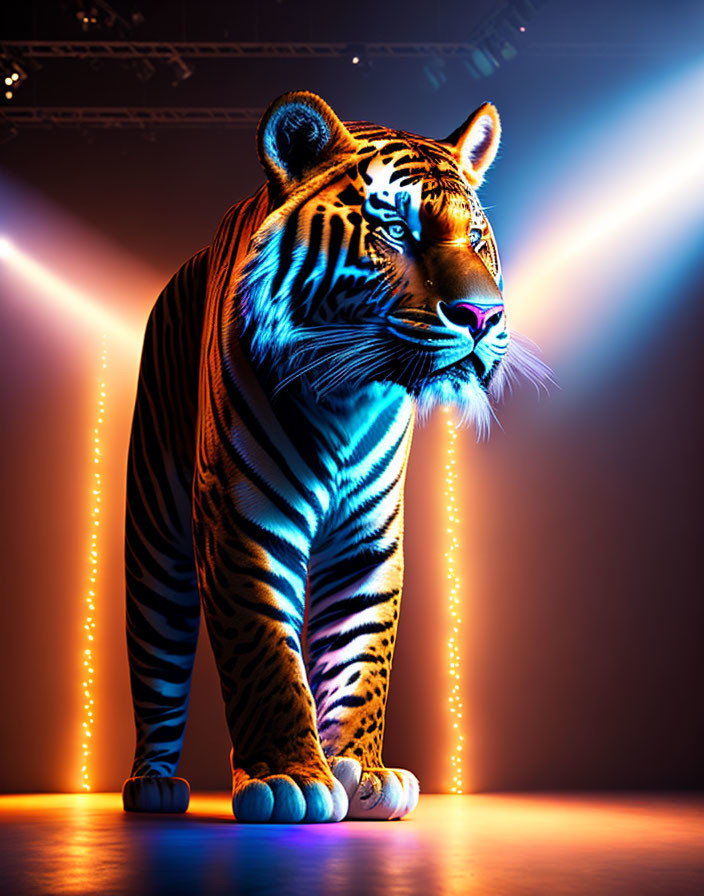 Majestic Tiger in Blue and Orange Lights on Dark Background
