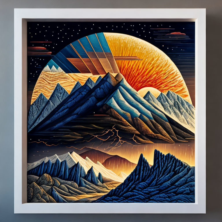 Geometric Landscape Art with Mountains, Sun, and Stars Displayed on Wall