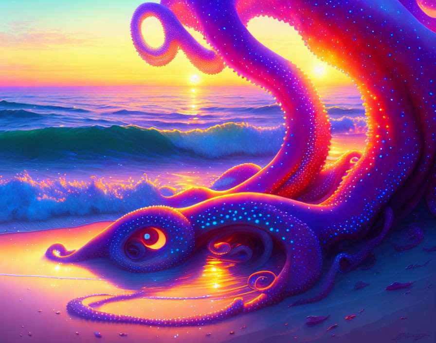 Colorful Octopus with Glowing Spots on Beach at Sunset