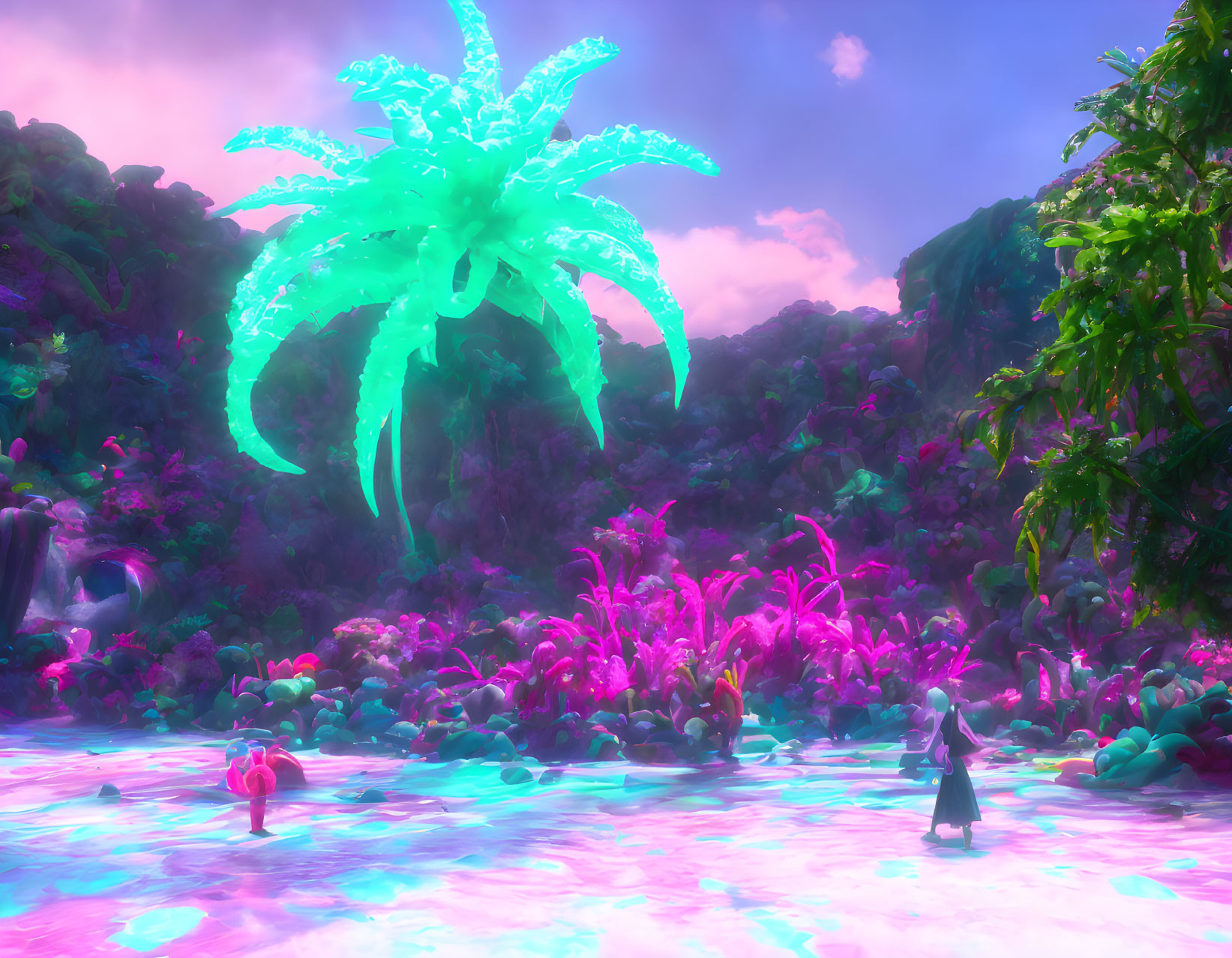 Colorful fantasy landscape with neon flora, turquoise tree, pink water, and figure in black attire