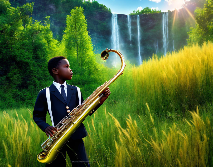 Young boy in suit with saxophone in sunlit field with waterfall