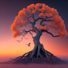 Majestic stylized tree with twisted trunk and orange foliage against gradient sky