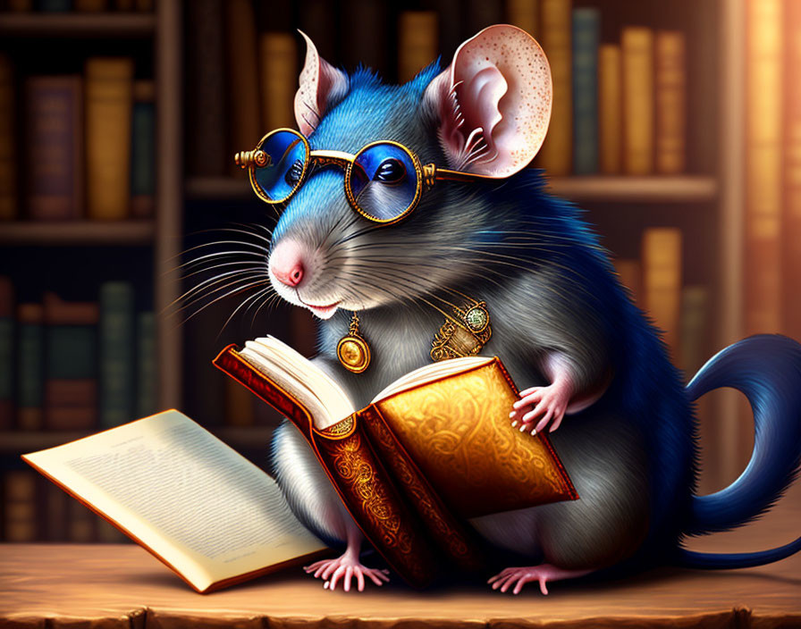 Anthropomorphic mouse with glasses reading in library setting